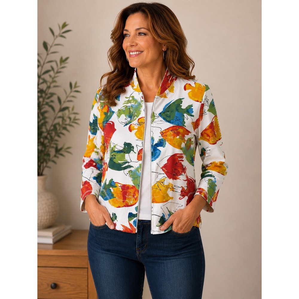 Chico's Medium Size 1 Colorful Abstract Zip Up Jacket Wearable Art Lightweight